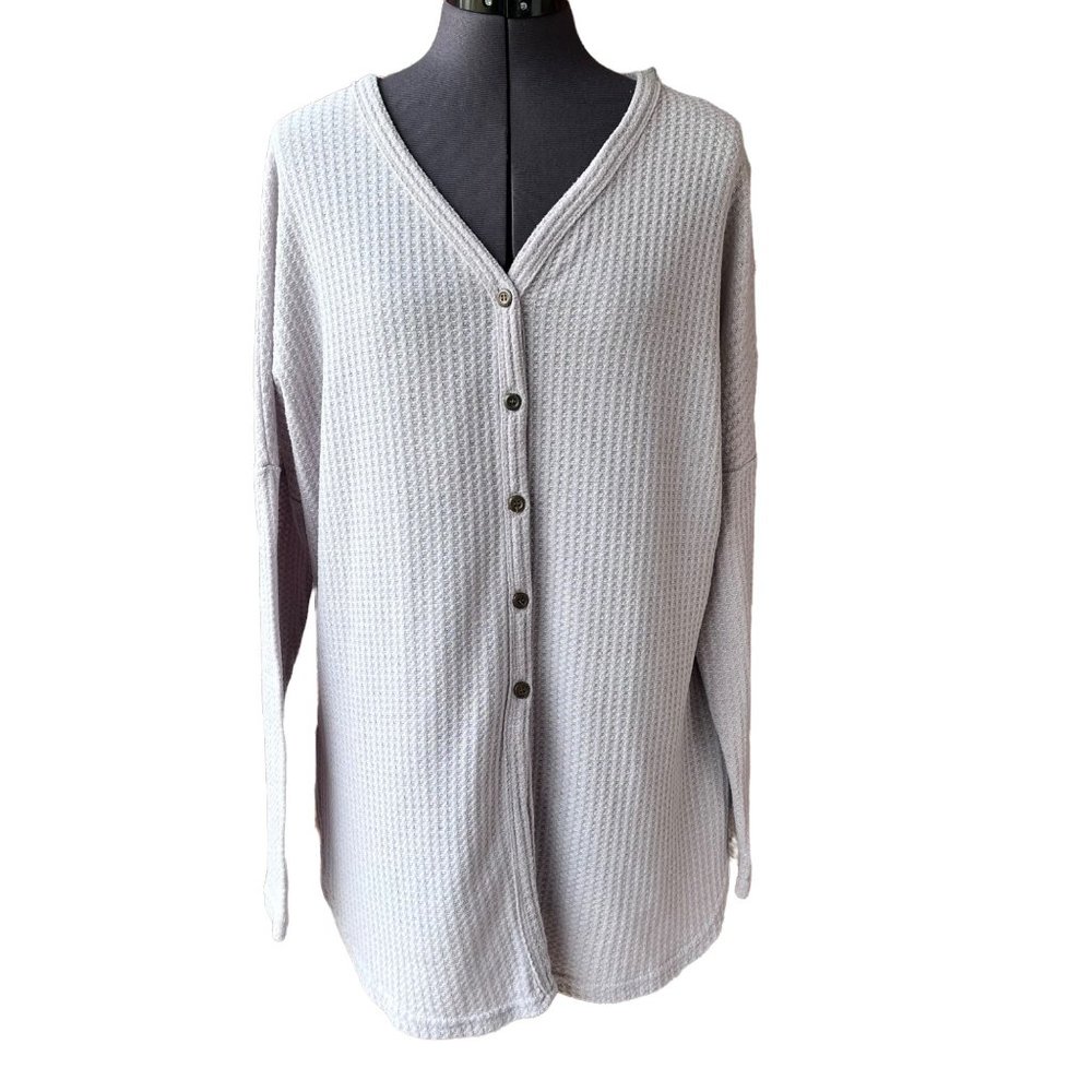 Miholl Waffle-Knit Button-Front Top Tunic V-Neck Gray Long-Sleeve M